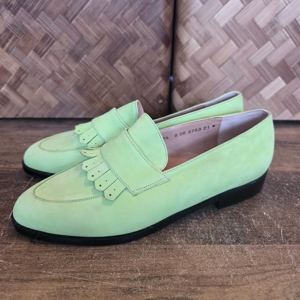 Robert Clergerie Shoes Womens Size 7.5 Lime Green Leather Loafers Slip On Fringe